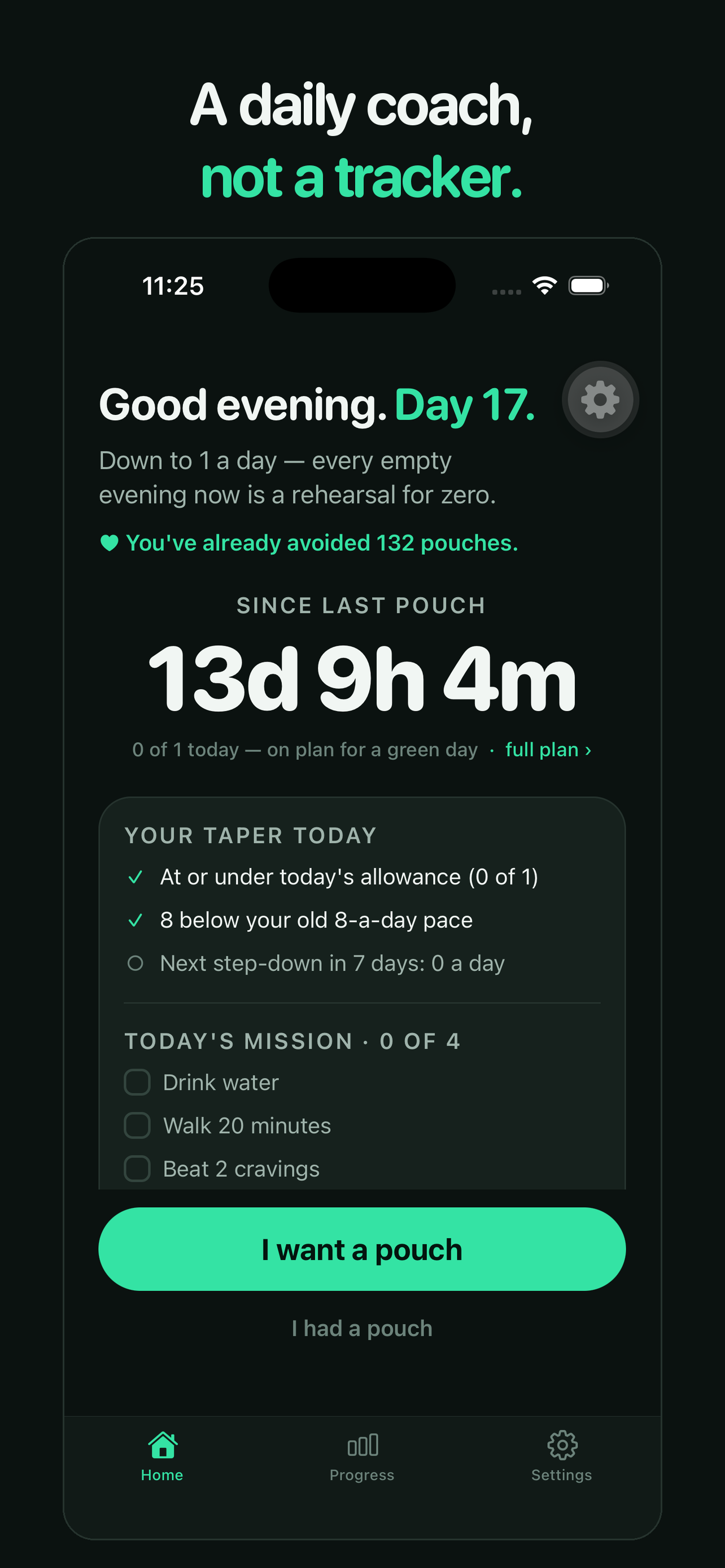 Home — your daily coach: what day you're on, what your body is doing today, money saved